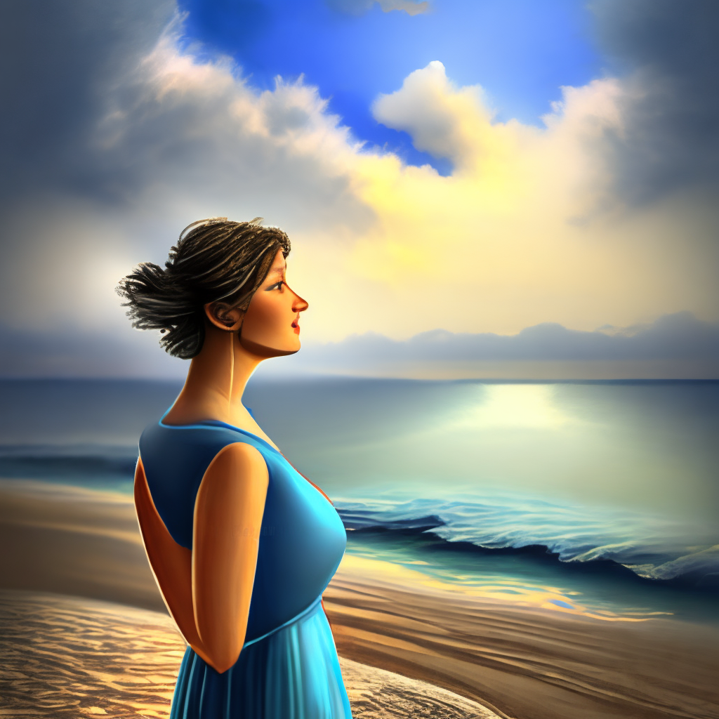 a digital painting of a beautiful woman in a blue dress watching the sunset on the beach, realism