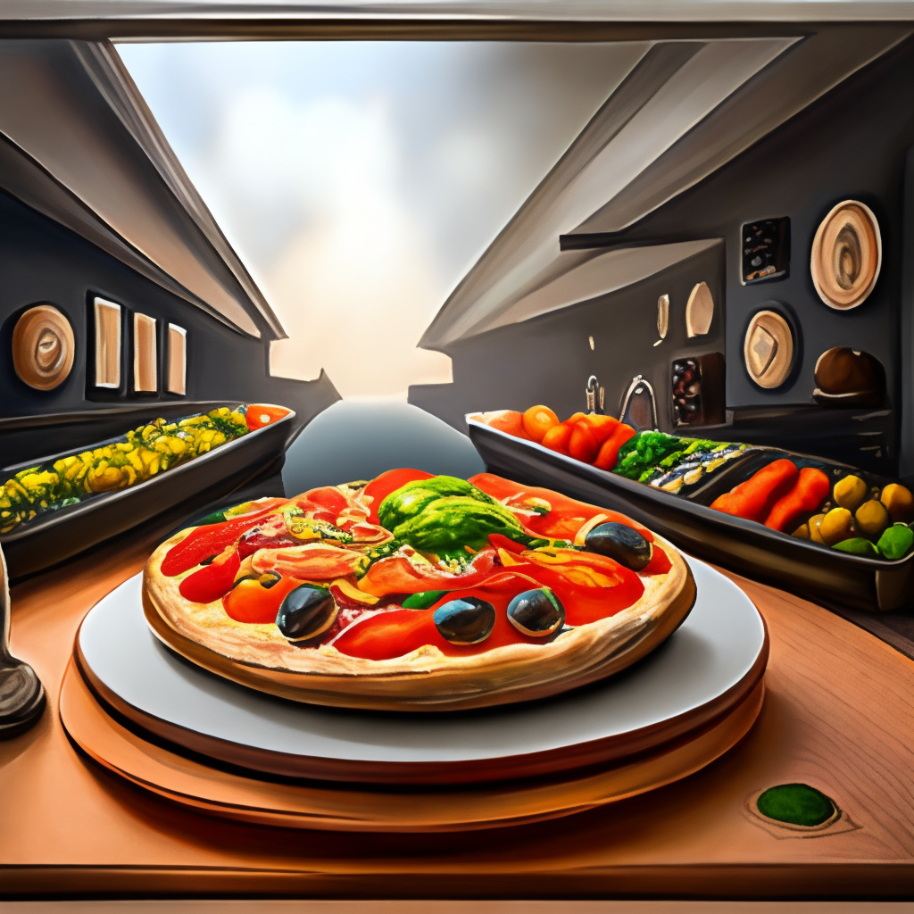 a realistic painting of a veggie pizza with mushrooms, peppers, onions, and olives, 8k