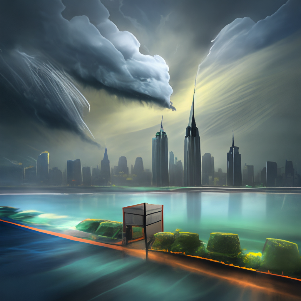 a digital painting of a thunderstorm over a city skyline, realism