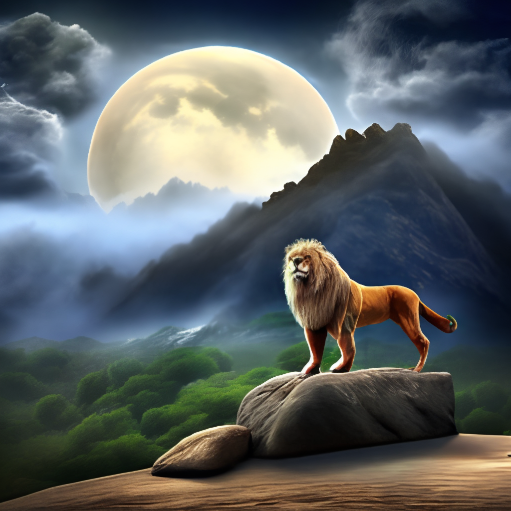 Realistic picture of a lion standing on a fantasy mountain roaring at the big moon