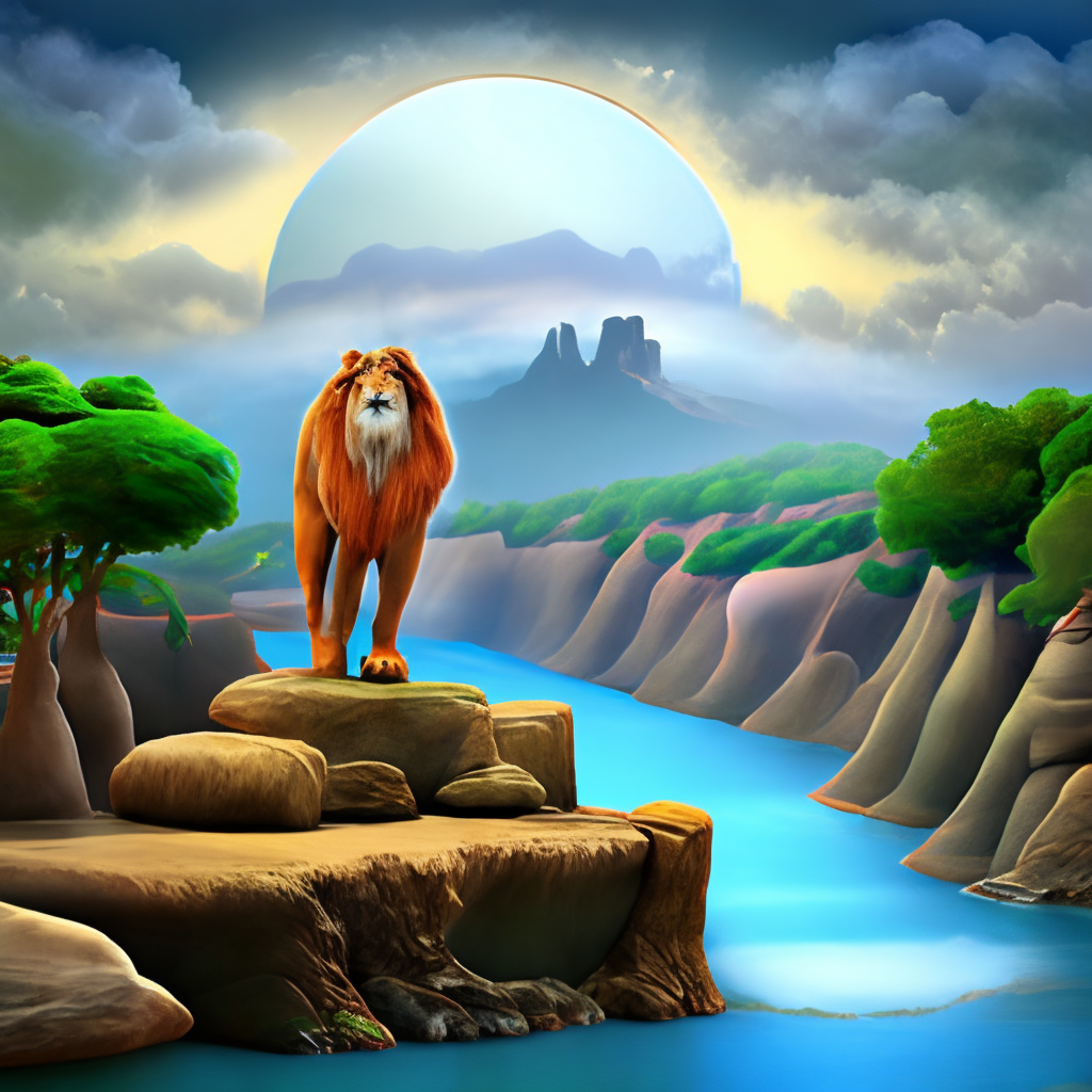 A big lion standing on a mountain with a fantasy river and big moon