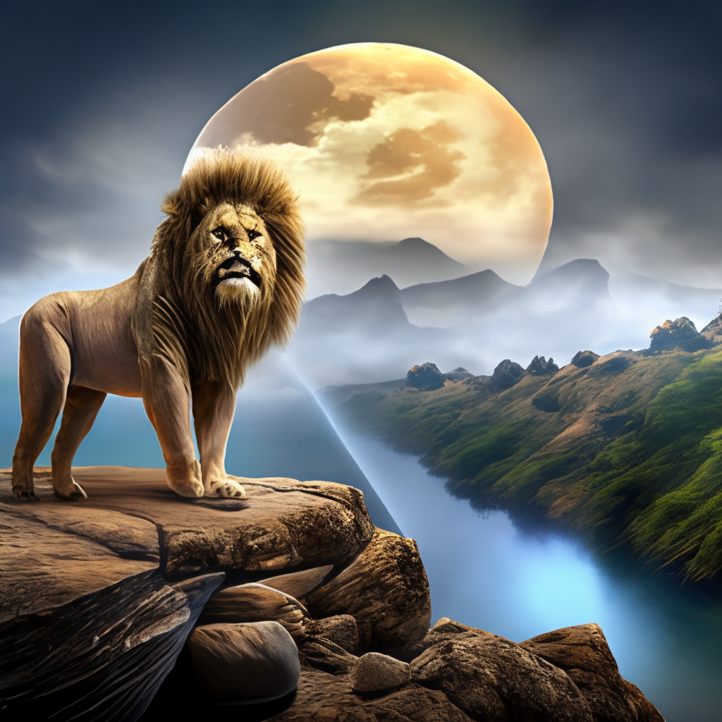 A big beautiful lion standing on a mountain roaring at the big moon over a fantasy river