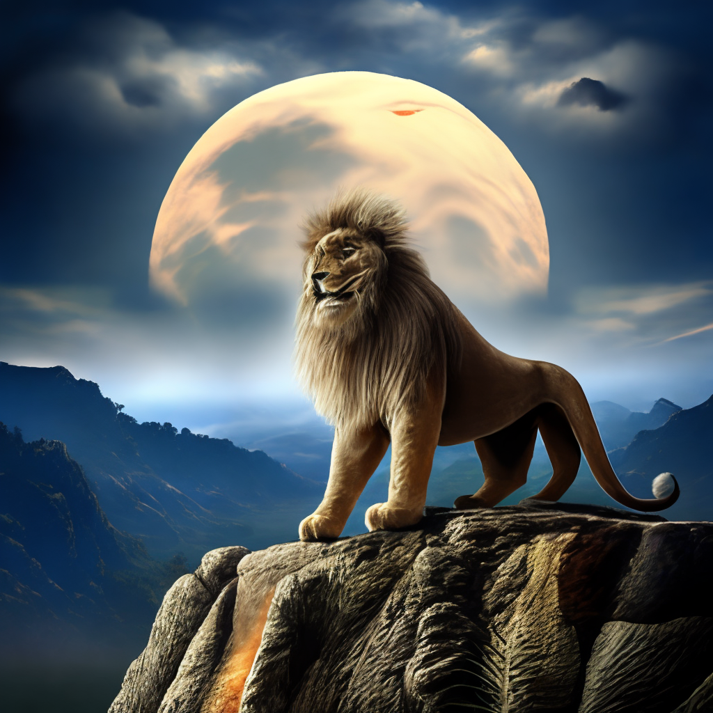 A photo realistic big beautiful lion standing on top of a mountain roaring at the big moon over a fantasy river