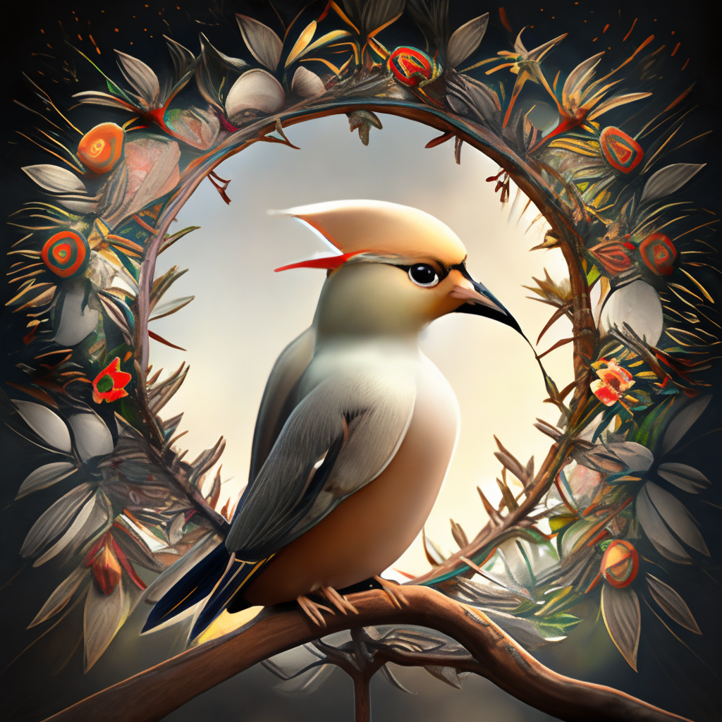 ethereal Bohemian Waxwing bird, Bombycilla garrulus :: intricate details, ornate, detailed illustration, octane render :: Johanna Rupprecht style, William Morris style :: trending on artstation --ar 9:16