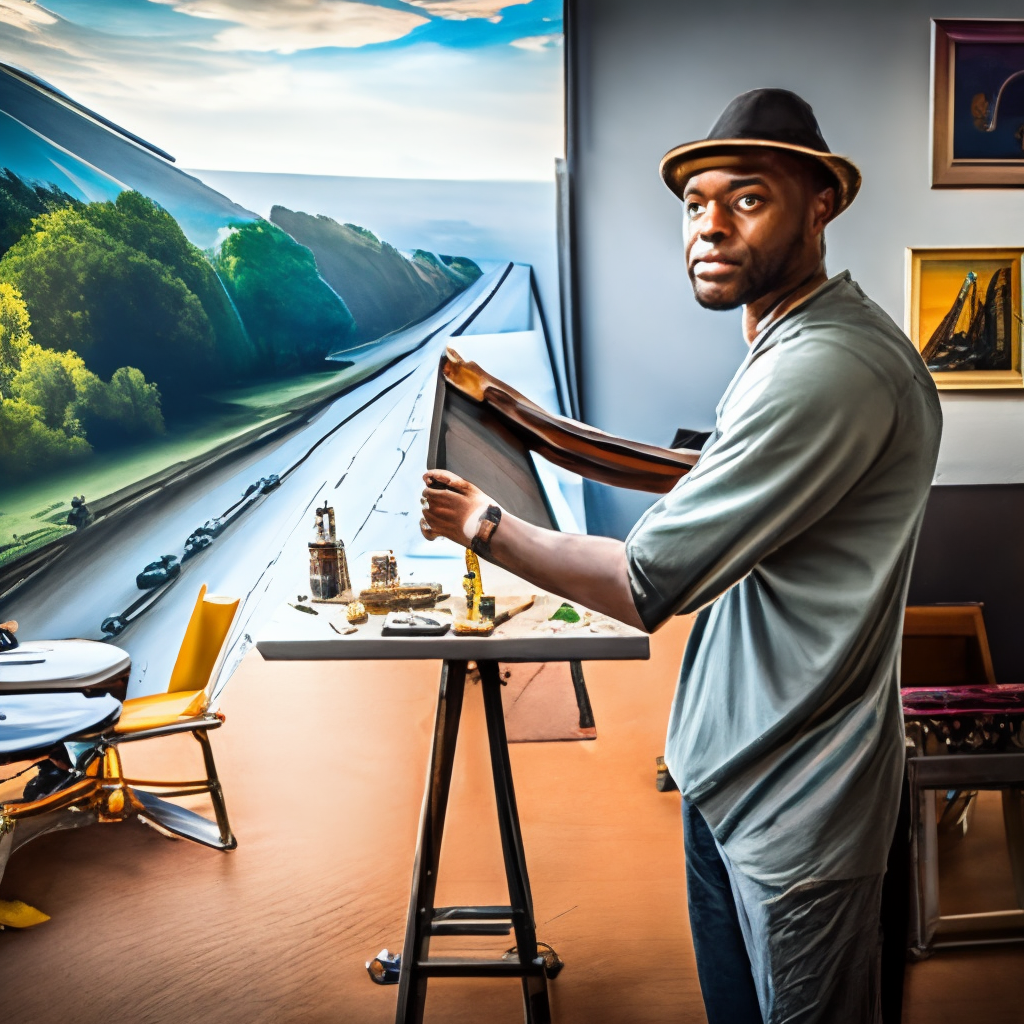 A black man at a canvas painting