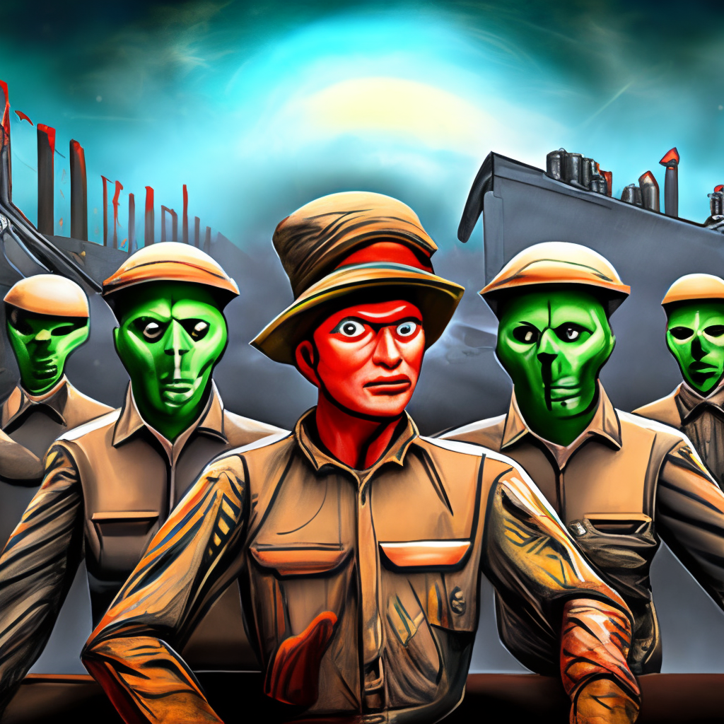 the image shows happy soldiers after defeated  the aliens ivansion,hd,full had,16k,3/4 portrait,comic style 