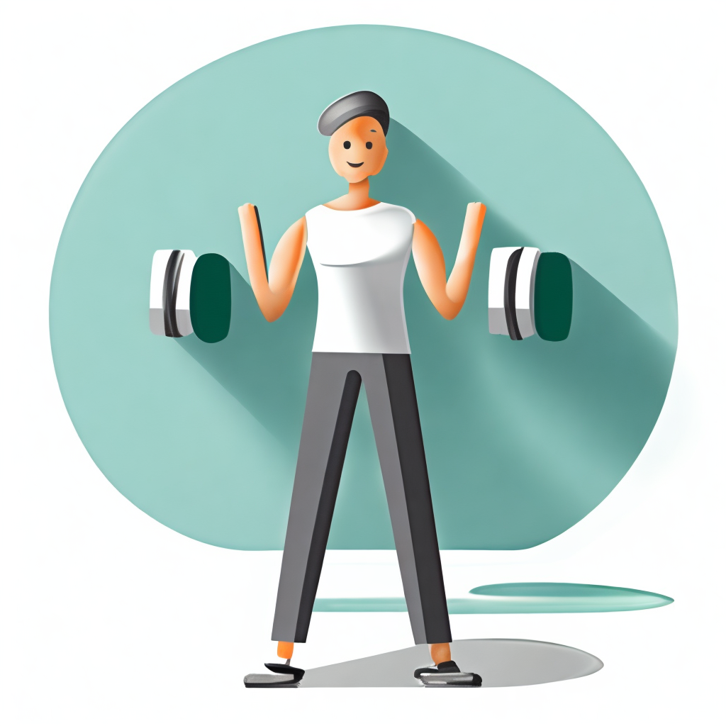 A white Minimalist, flat design, line art of a person (doll) vector lifting dumbbells 