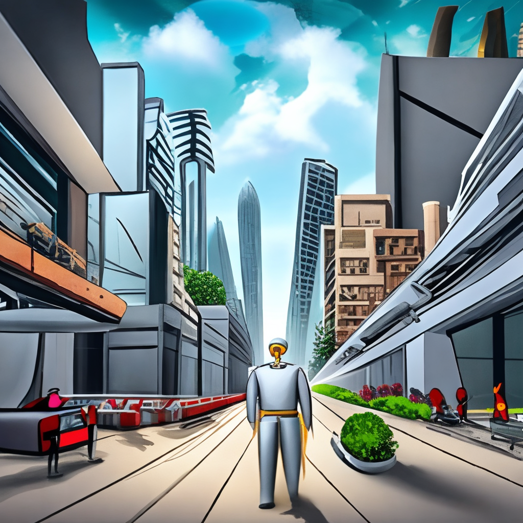 the image shows a futuristic city with tall buildings and AI robot walking down the street,full HD,16k,3/4 portrait,comic style