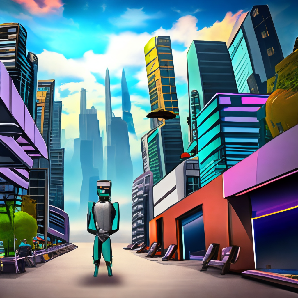 the image shows a futuristic city with tall buildings and AI robot walking down the street,full HD,16k,3/4 portrait,comic style