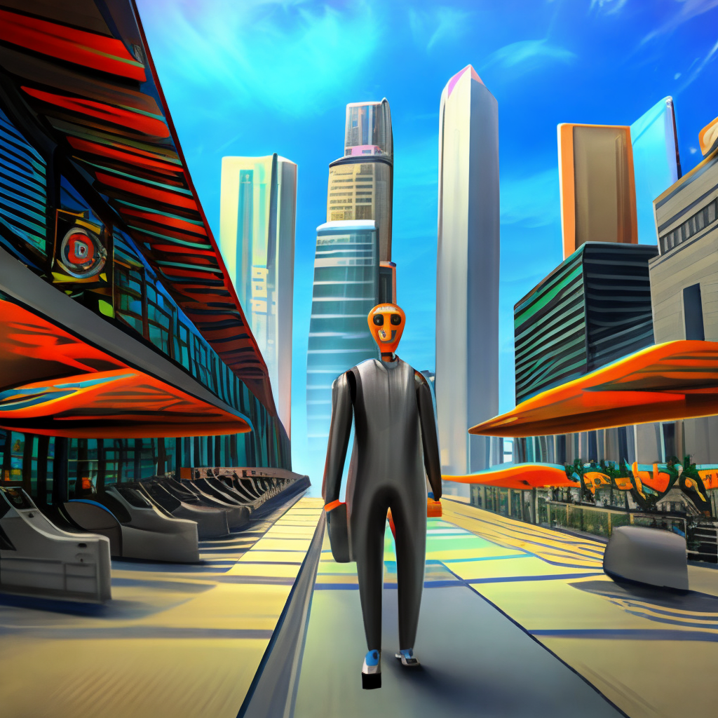 the image shows a futuristic city with tall buildings and AI robot walking down the street,full HD,16k,3/4 portrait,distopic style