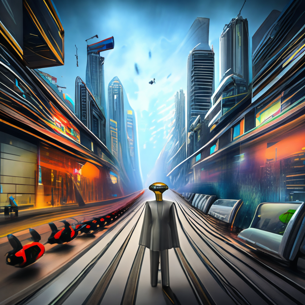 the image shows a futuristic city with tall buildings and AI robot walking down the street,full HD,16k,3/4 portrait,distopic and dark style