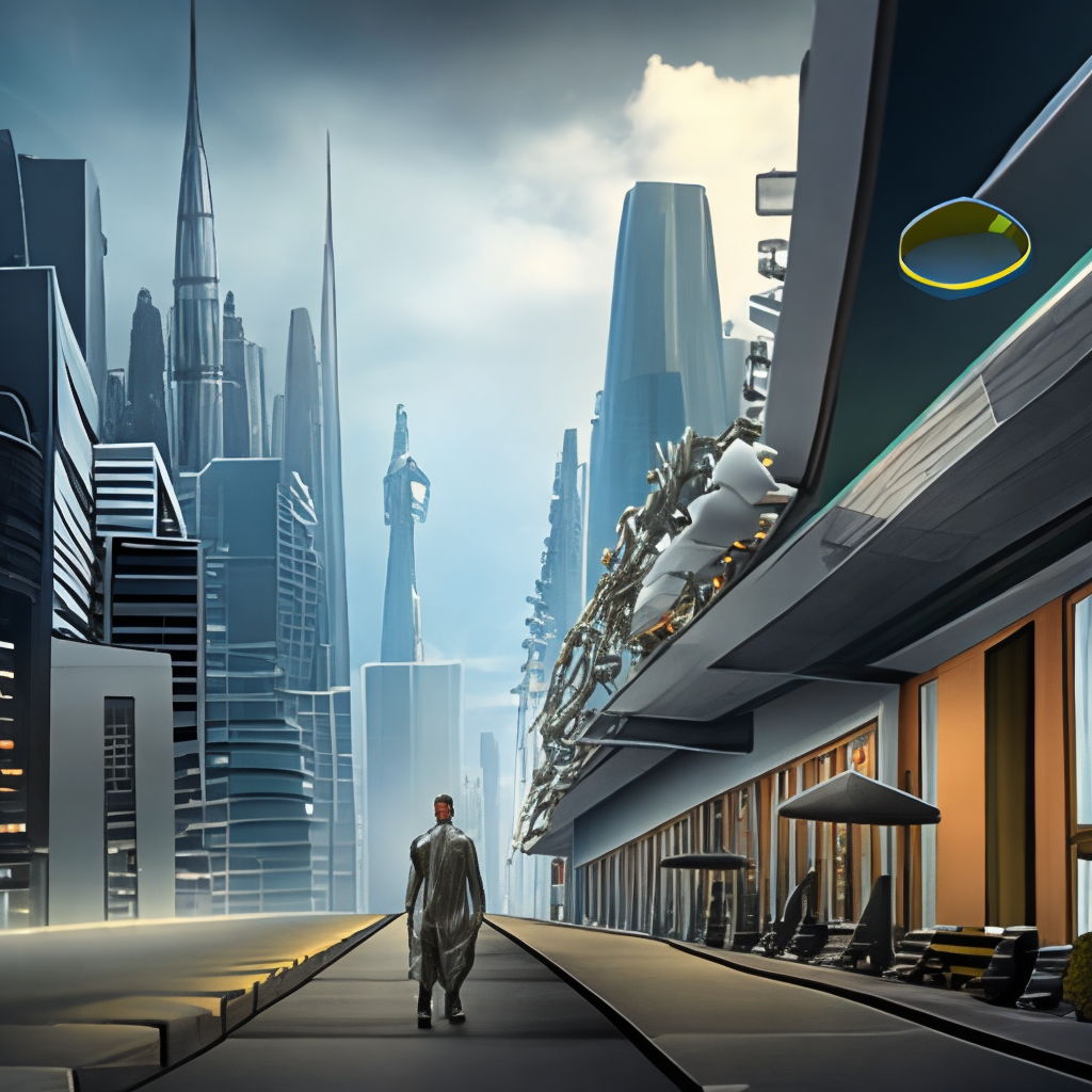 the image shows a futuristic city with tall buildings and AI robot walking down the street,full HD,16k,distopic and dark style