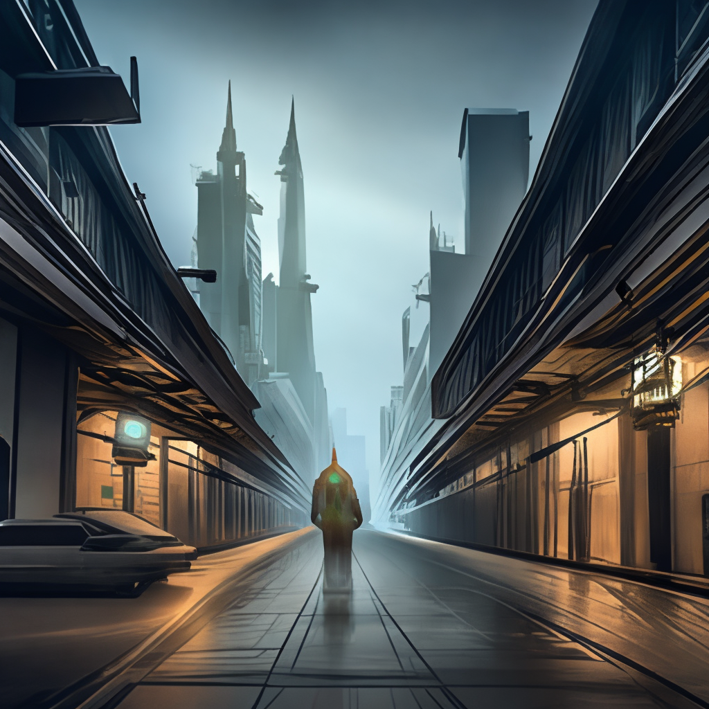 the image shows a futuristic city with tall buildings and AI robot walking down the street,full HD,16k,distopic and dark style