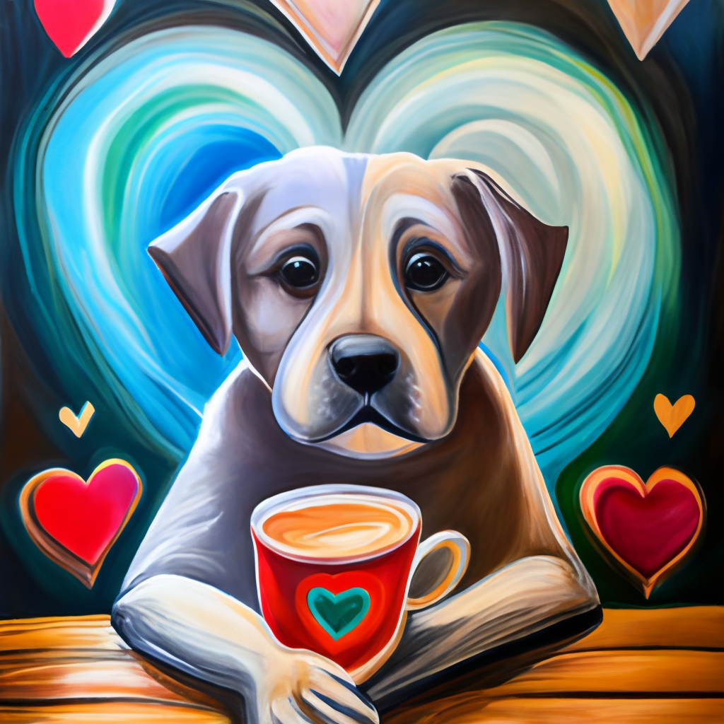 a painting of a cute puppy drinking a latte with heart-shaped art, acrylic on canvas