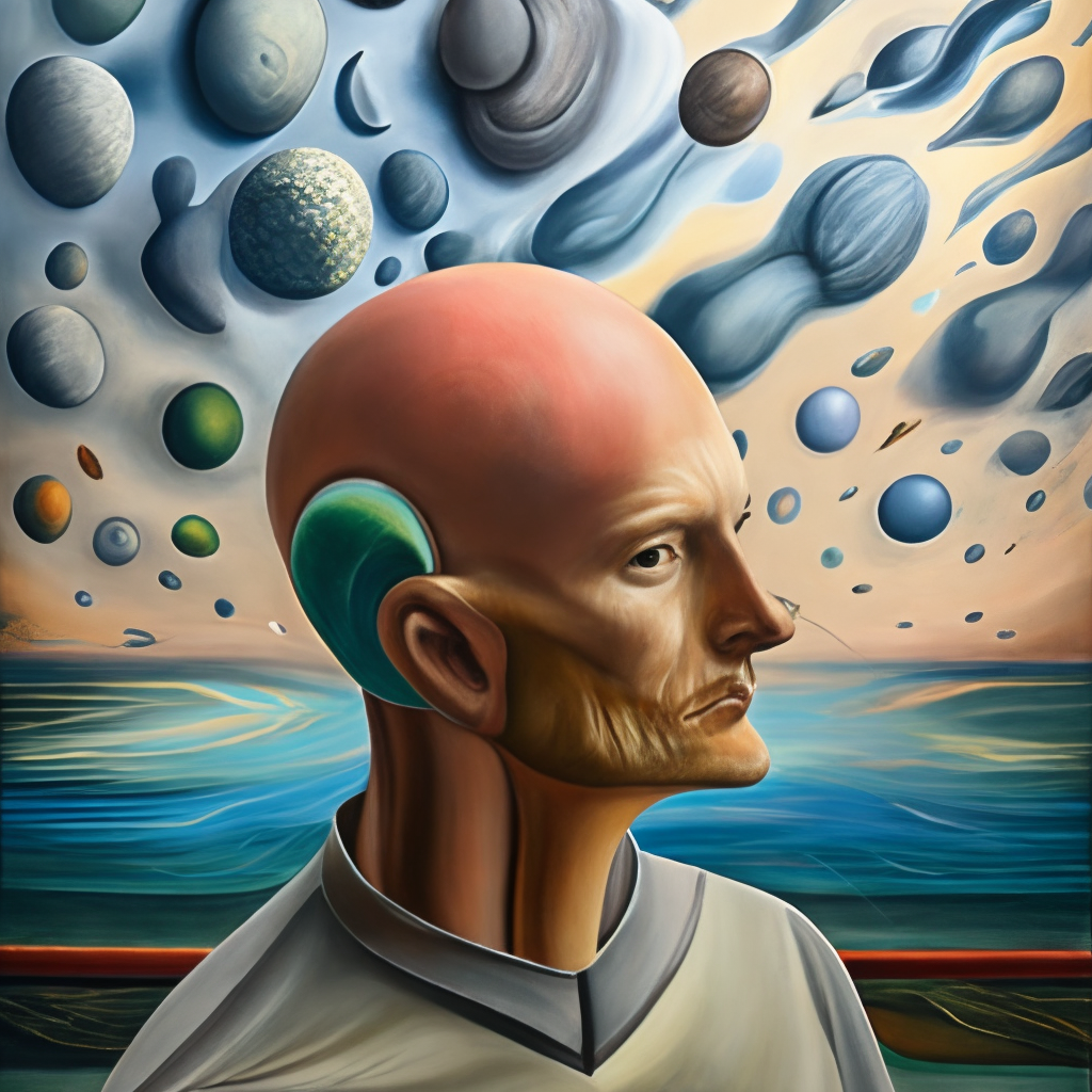 a painting of a bald man with the universe as his head, surrealism, oil painting with a rippling and twinkling sky in the background