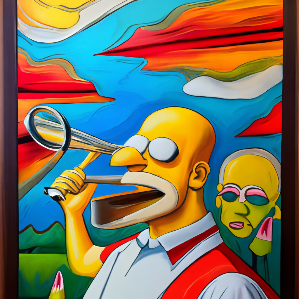 a painting of Homer Simpson playing the trombone, pop art, acrylic painting