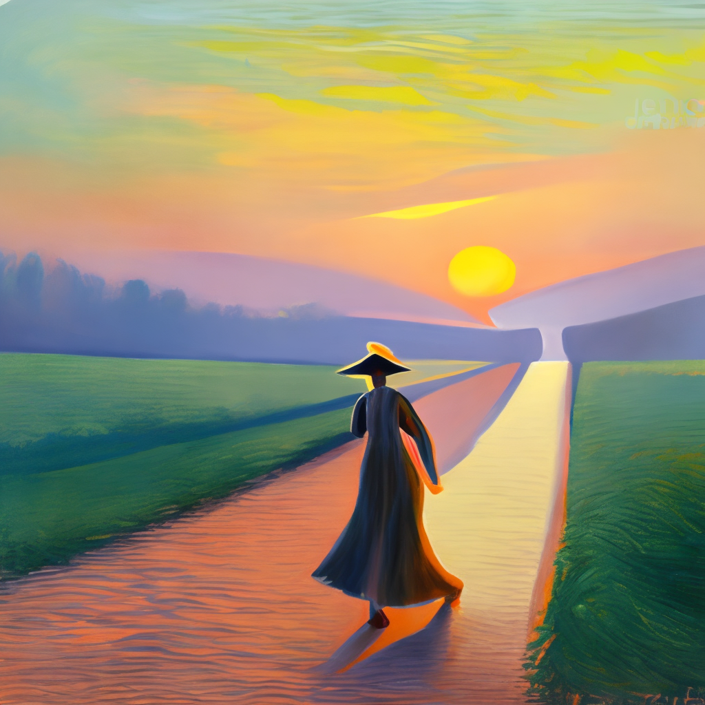 a painting of a young woman walking into the sunrise, impressionism