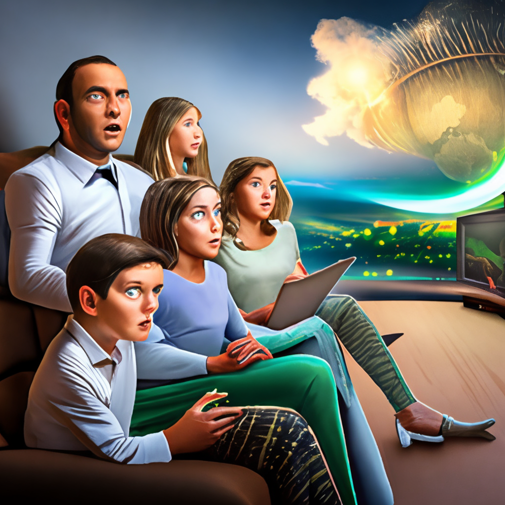 the image shows a worried family watching the news on tv about an alien invasion approaching planet earth,digital art style,Full HD,16k,ultrarealistic,3/4 portrait