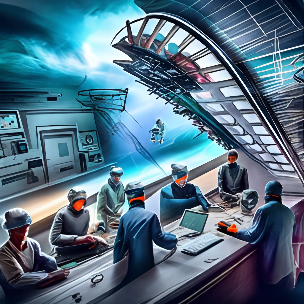 the image shows a group of scientists in a laboratory hacking an alien ship.Full HD,16k,Digital art,trendy,hiper detailed,striking visual image