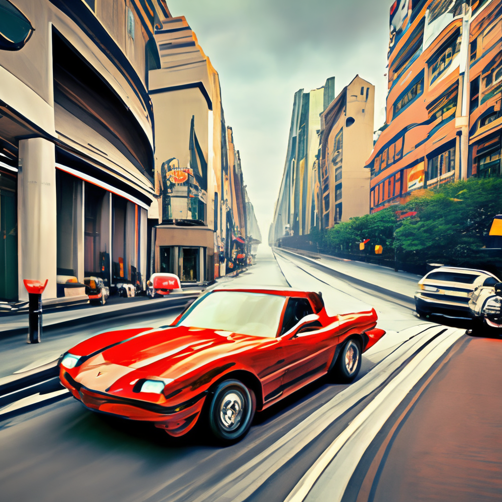 a red corvette driving in heavy traffic on a city street, 35mm, realism