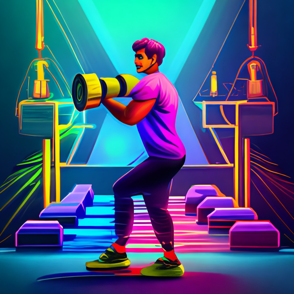 a digital art of a boy lifting heavy weight, with a motivational quote, neon colors