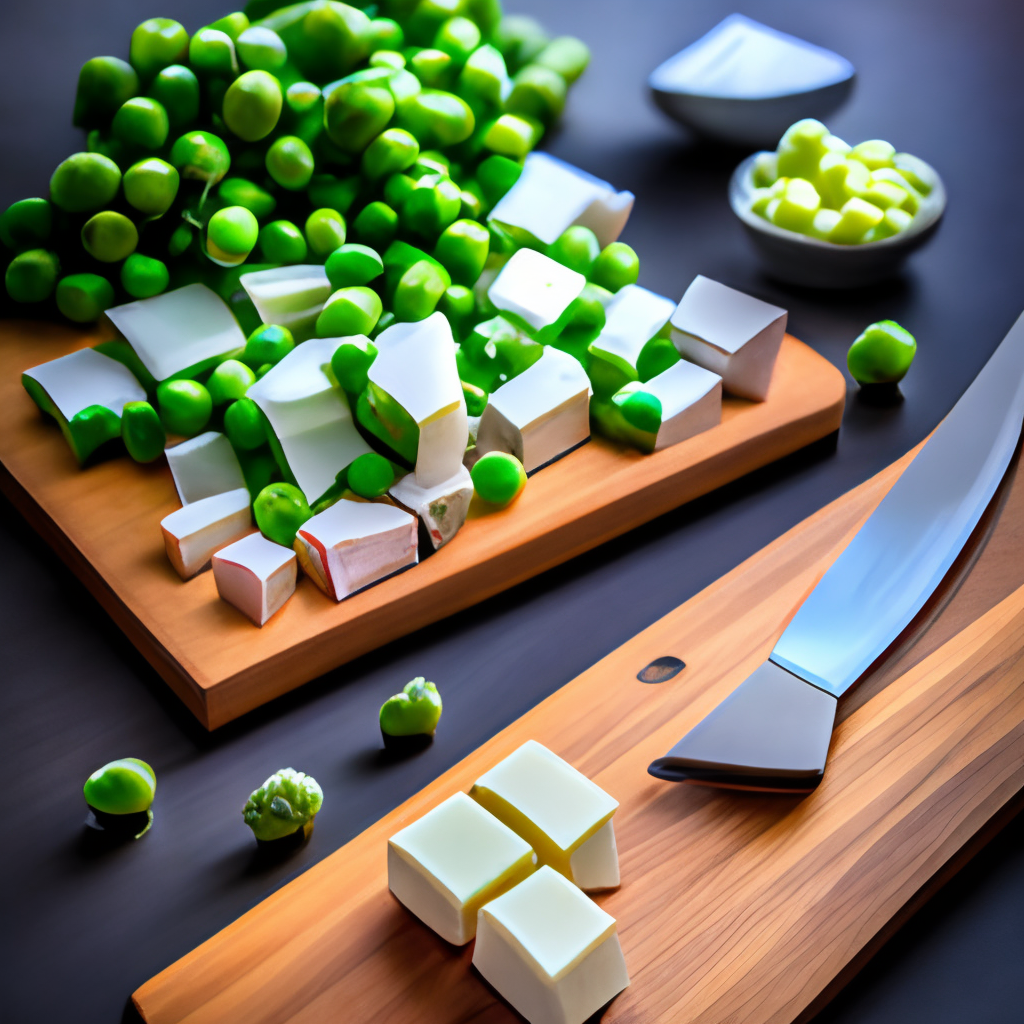 a photo of green peas and paneer cheese on a cutting board, close up, with a knife nearby