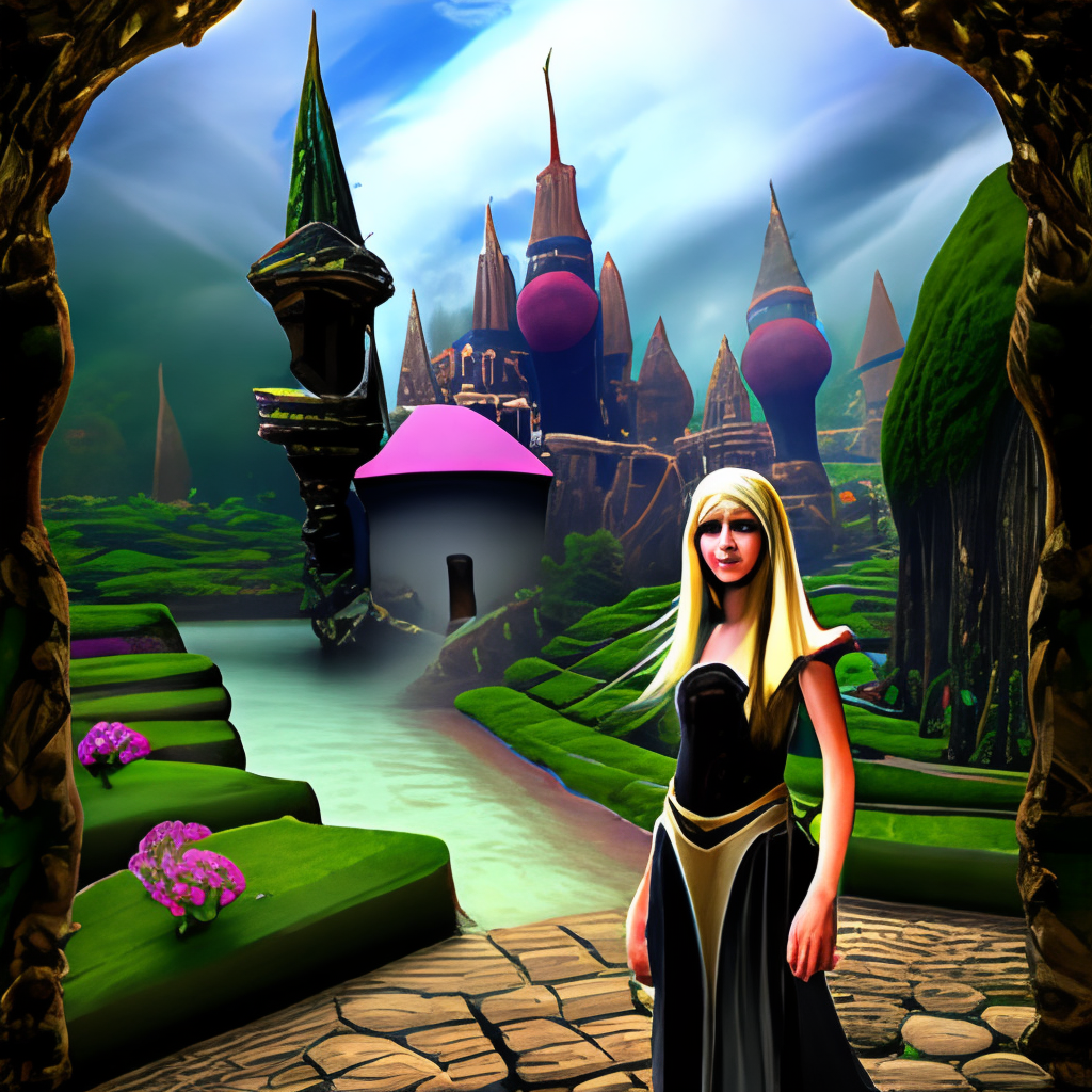 elf girl in the magical forest castle in the background