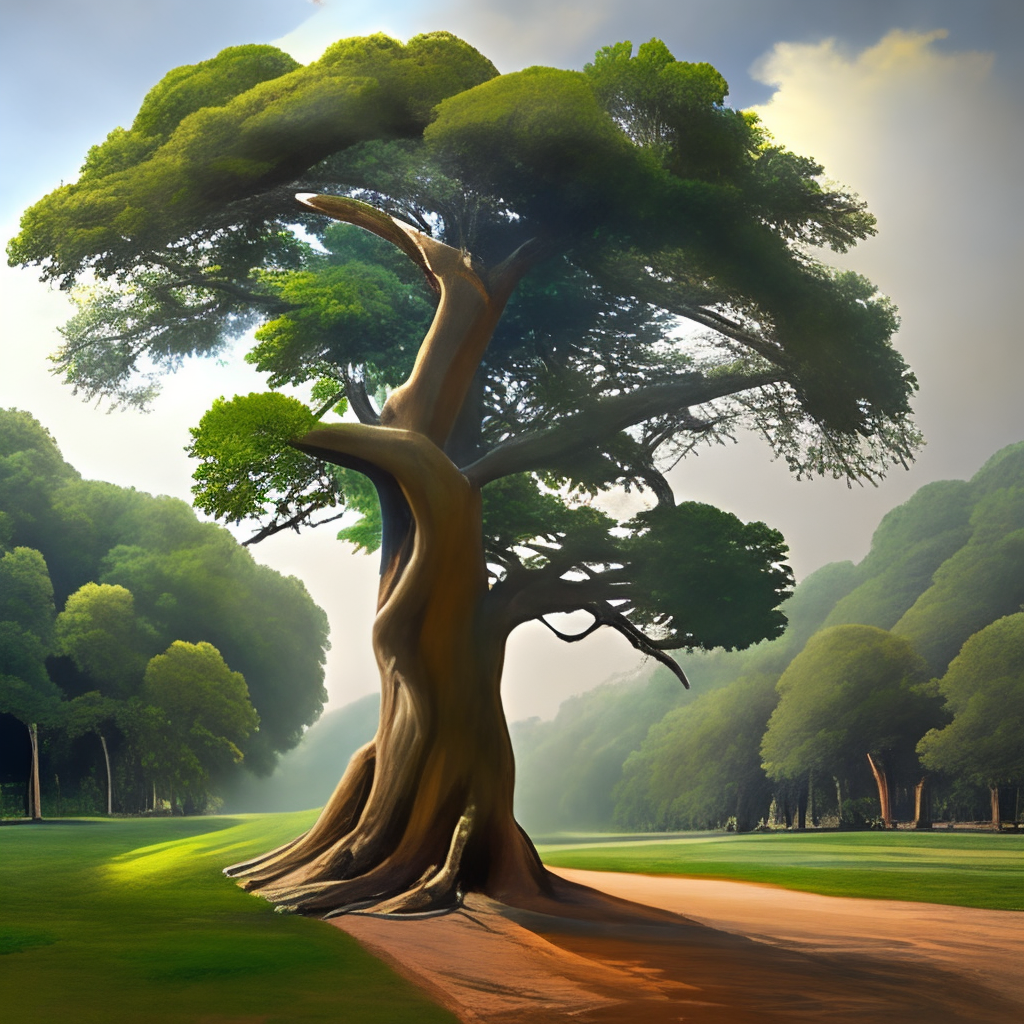 a realistic painting of a majestic oak tree in a forest, oil on canvas