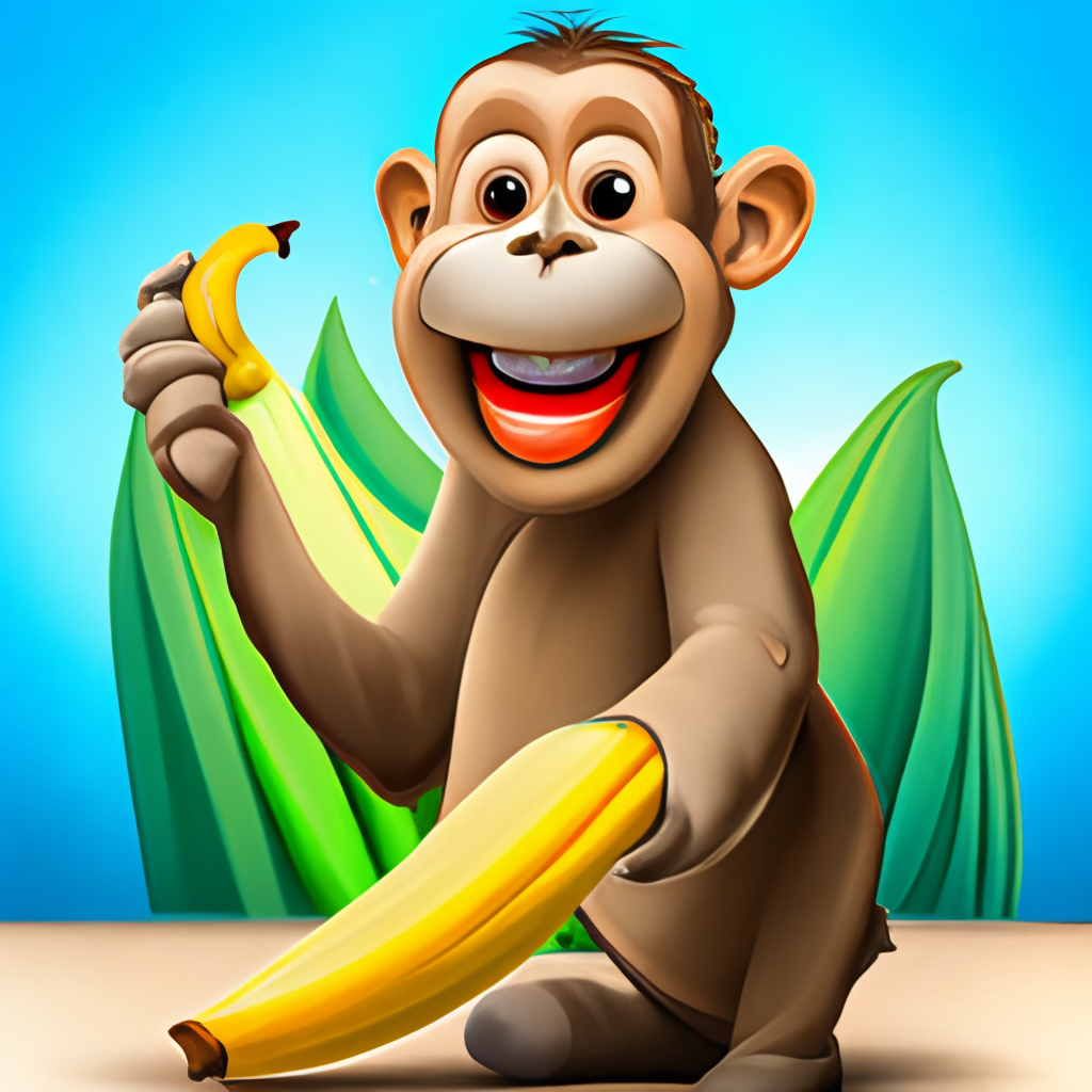 a cartoon monkey holding a banana, bright colors