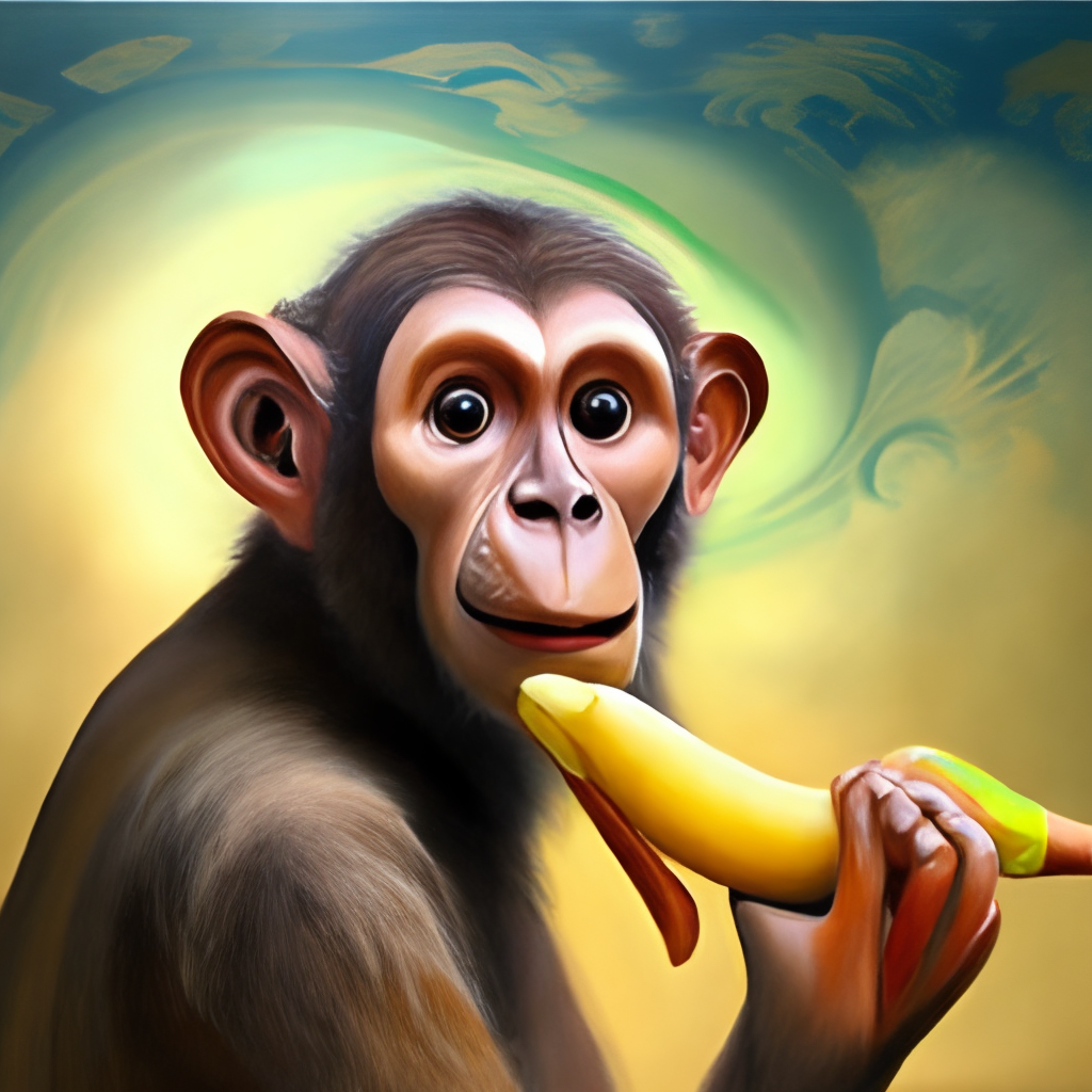 a realistic painting of a monkey eating a banana, oil on canvas