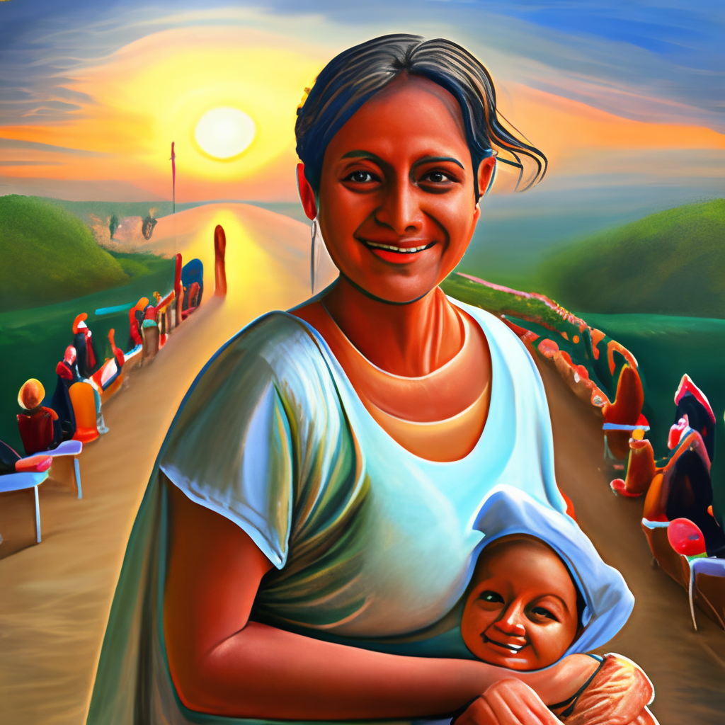 an Indian woman holding a smiling baby at sunset, realistic oil painting