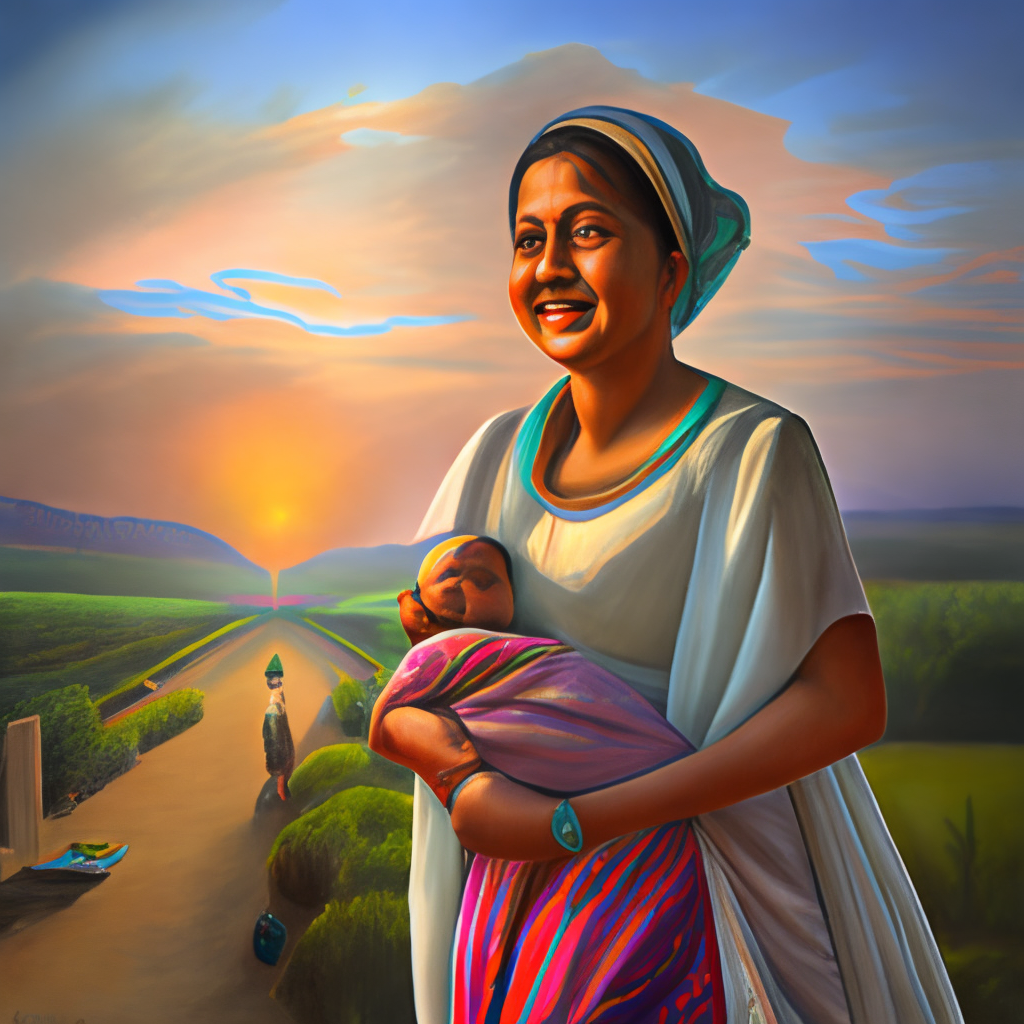 an Indian woman holding a laughing baby at sunset, realistic oil painting