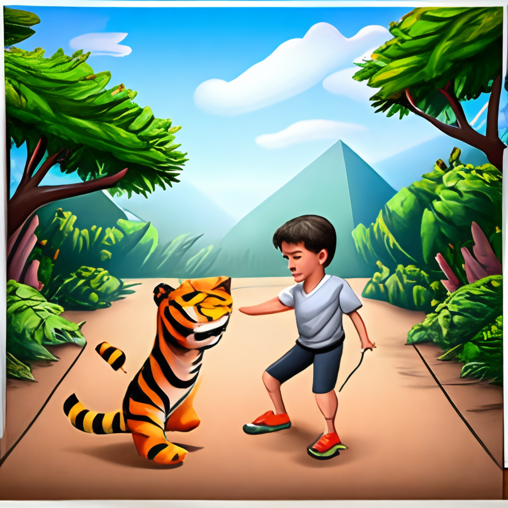 A boy and a tiger is fighting 