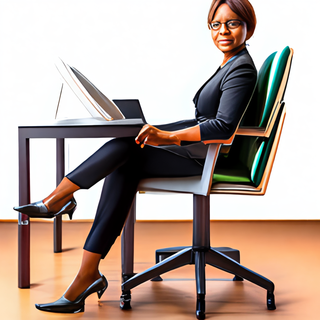 The image shows a  Black lady working and sitting on a chair with her leg Up,full HD,16k,3/4 portrait