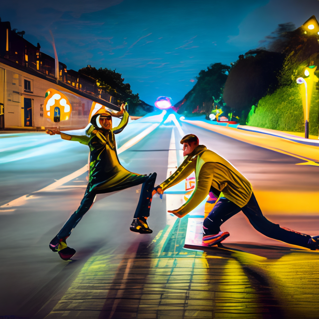 Two people dance on road in night with yellow Leger 