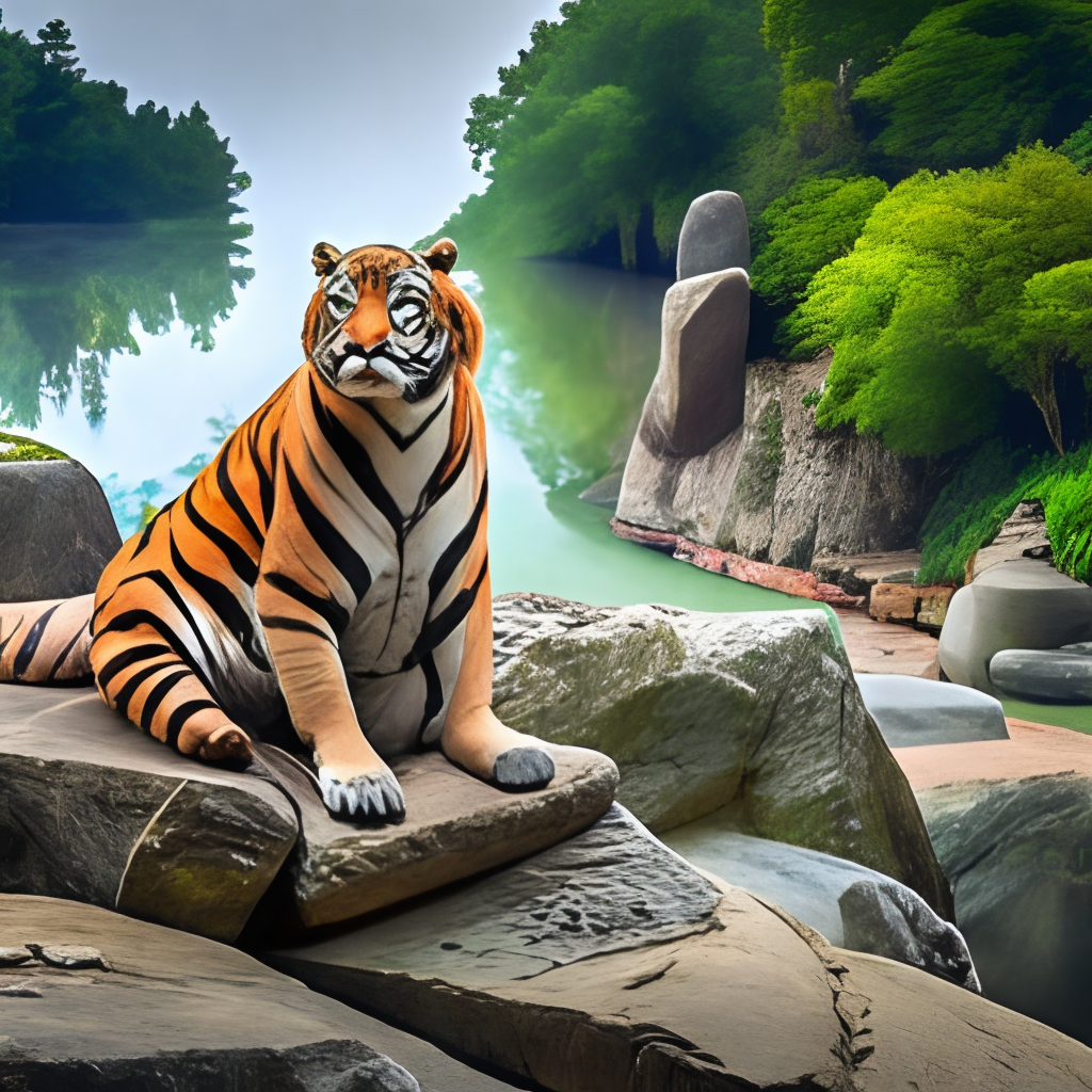 A  tiger sitting on rock In the forest 