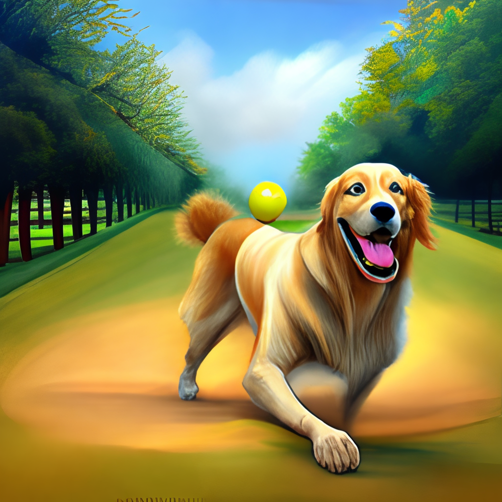 a painting of a golden retriever playing fetch in a park, with a tennis ball in its mouth and a happy expression