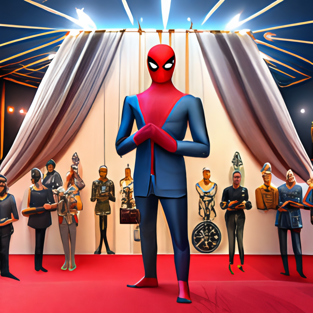 The panel shows Spiderman standing on the red carpet at the Oscars, surrounded by glamorous celebrities. He turns to the camera 