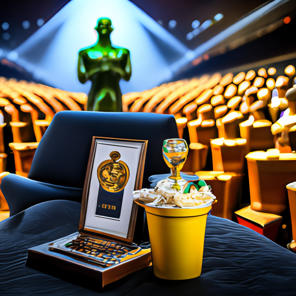 Oscar, the iconic award, sitting in a movie theater seat surrounded by empty popcorn buckets and soda cups.