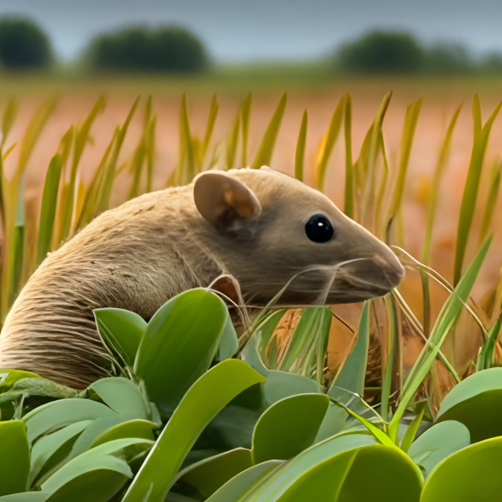 A rat Is eating wheat in the green field 