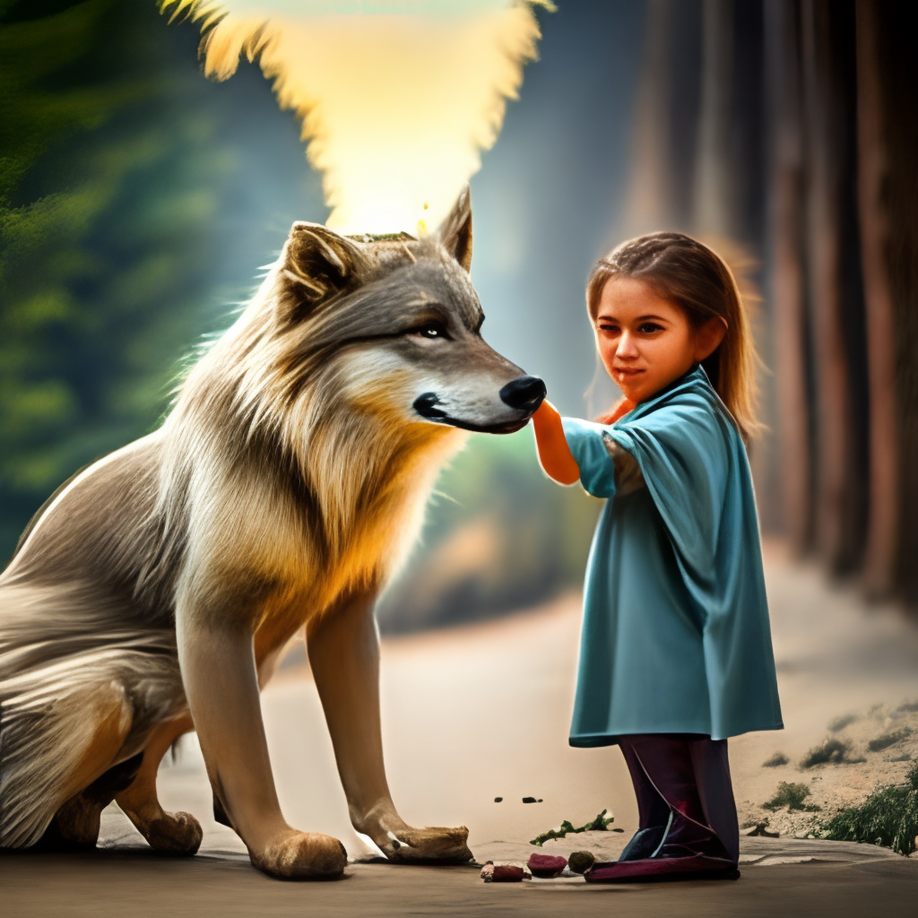 a wolf protecting a little girl,8k