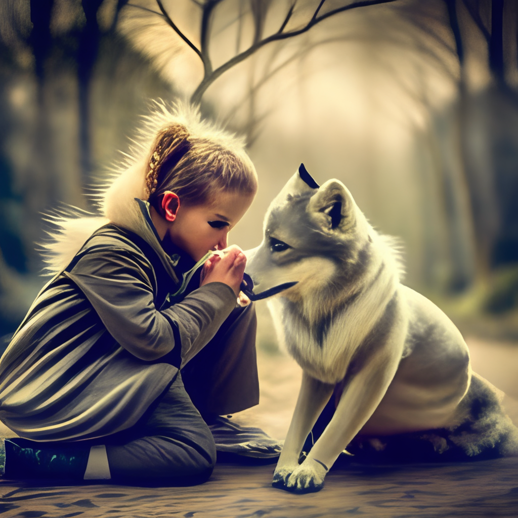 a wolf protecting a little girl,8k