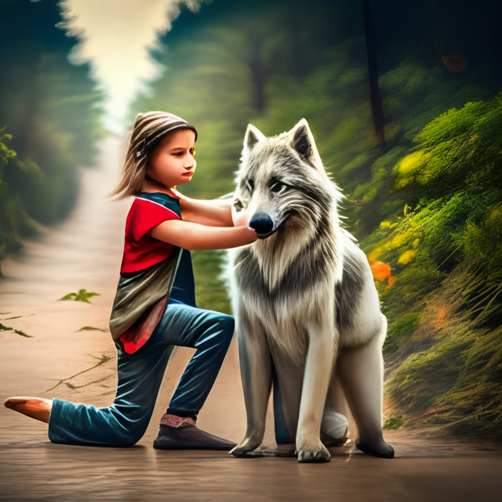 a wolf protecting a little girl,8k