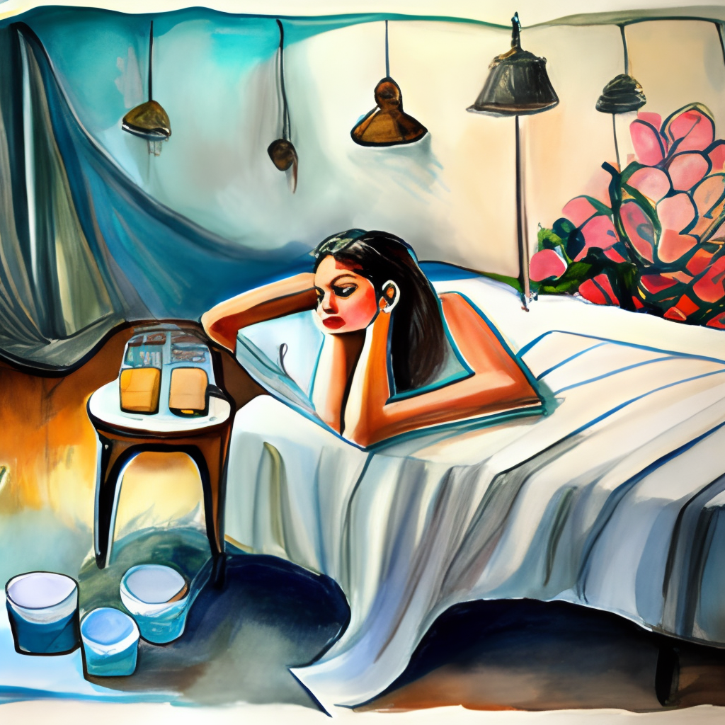 a painting of a person daydreaming in bed, watercolor