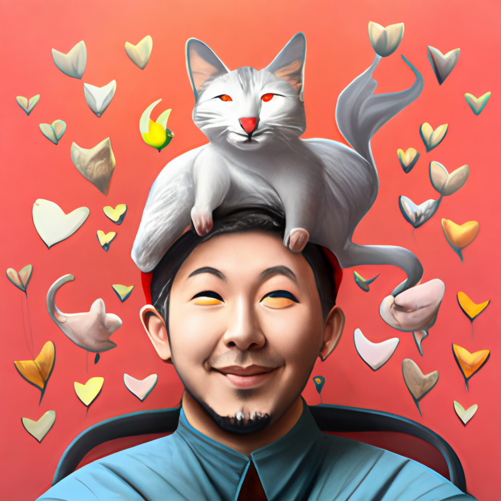 a man with a cat on top of his head, cartoon, organ, happy, gesture, finger, sharing, thumb, red, art, smile, floating hearts, mice