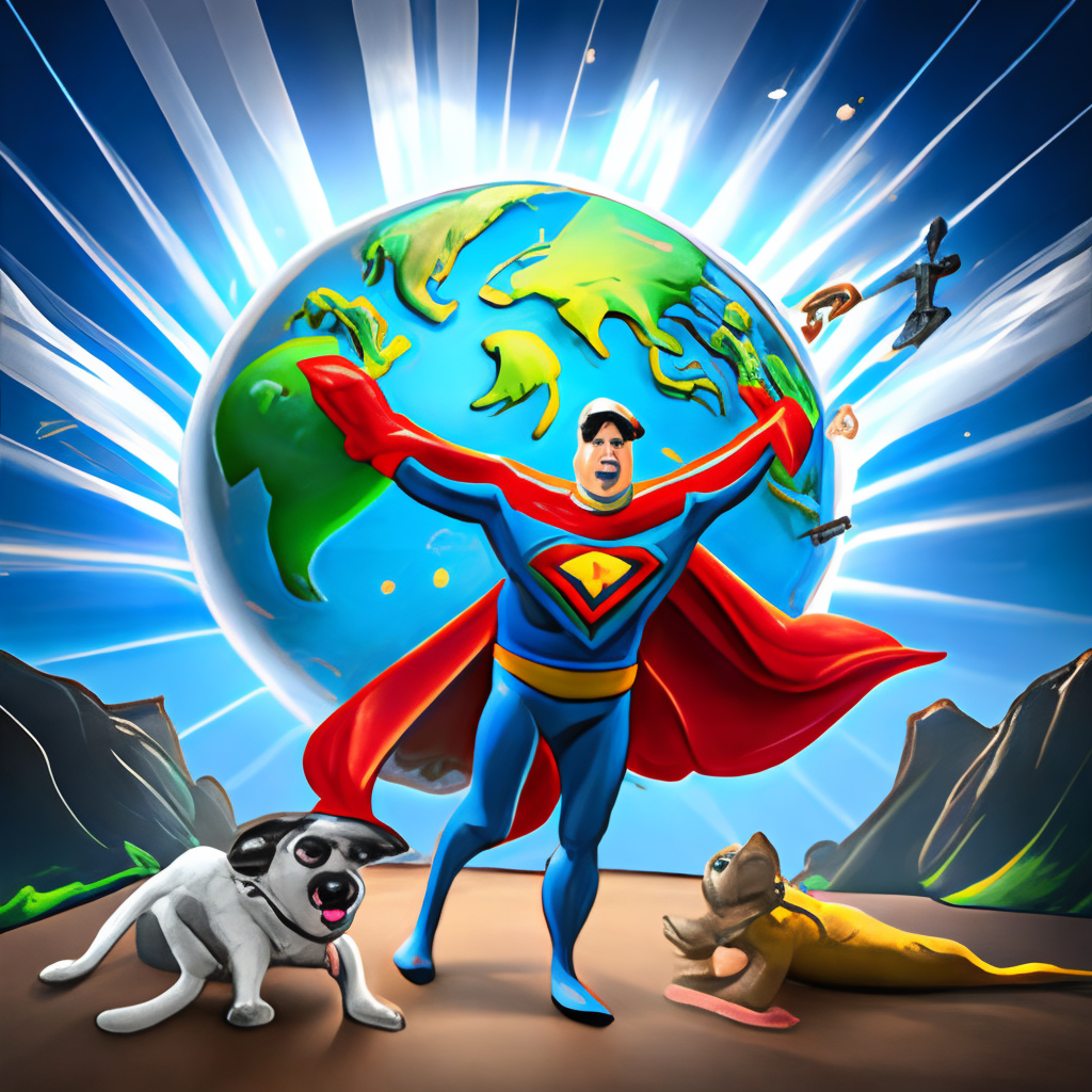 super man fighting with aliens in space with his super dog and showing our earth together