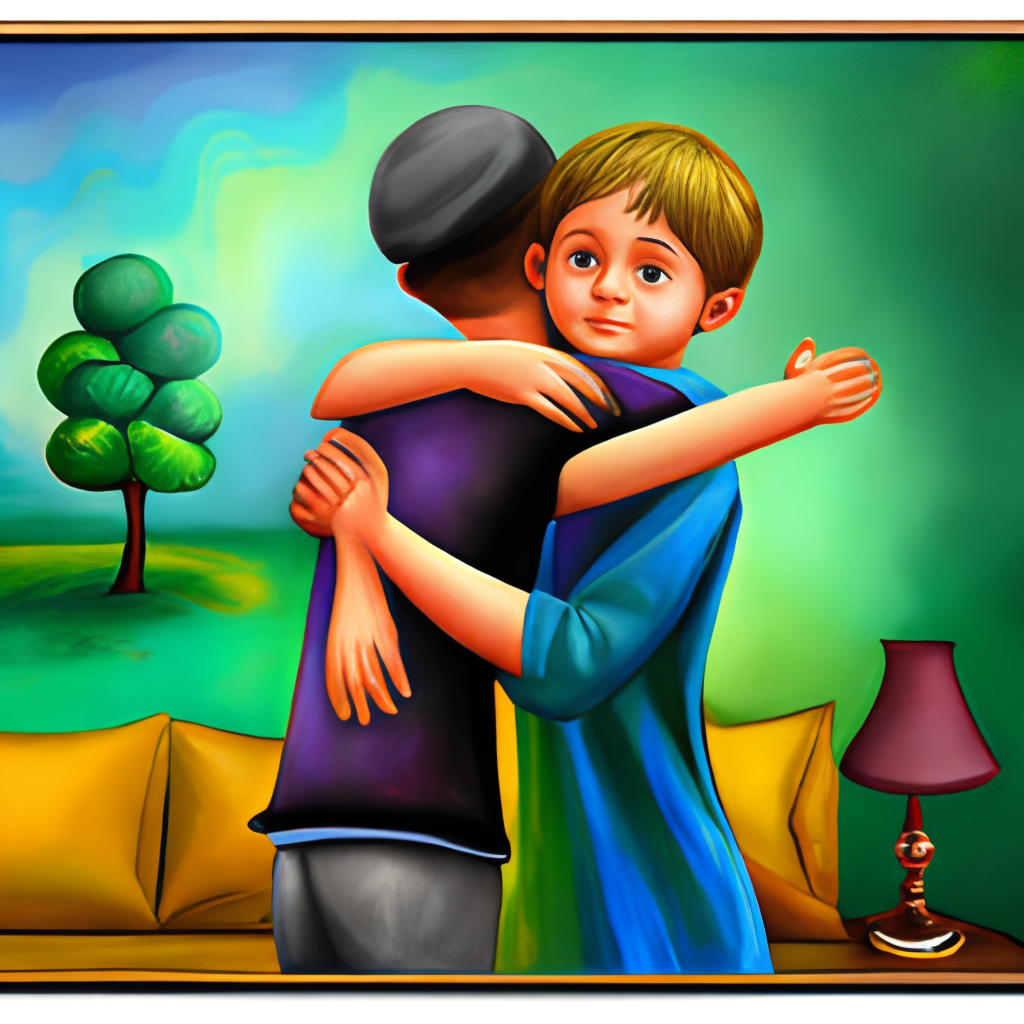 A girl made a painting of a boy.  Then the boy comes out of the painting and hugs the girl.