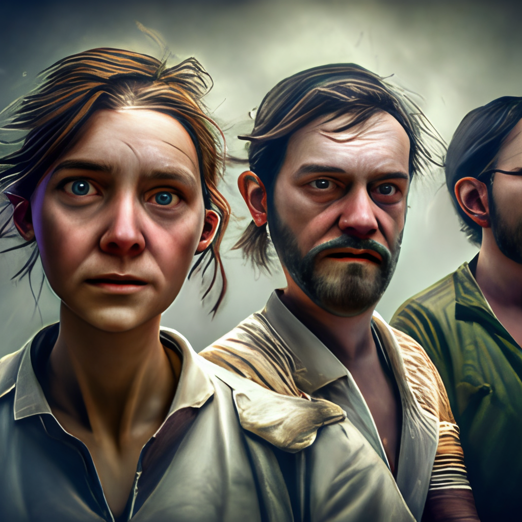 La imagen muestra diferente tipos de luchas de un grupo de sobrevientes contra una manada de zombies,al estilo de la serie the last of us,HBO style,full HD,16k,3/4 realistic portrait