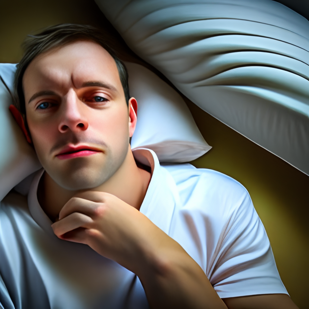  person lying in bed with a grumpy expression on their face, eyes still closed.