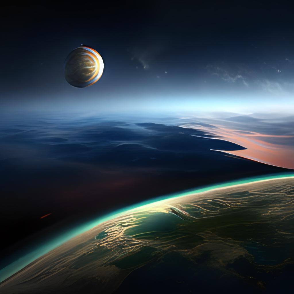 The blackness of space, dotted with stars and the distant glow of the earth